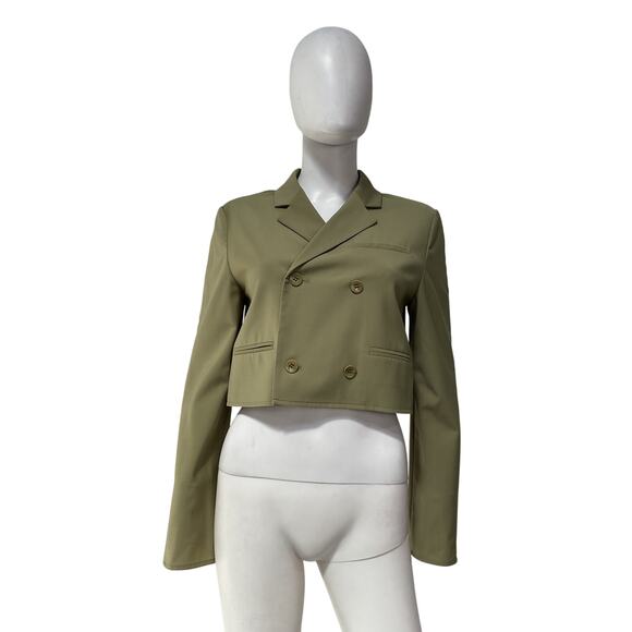 Tibi 'Tropical' Green Polyester Wool Cropped Lean Double Breasted Shirt Jacket - Picture 2 of 5